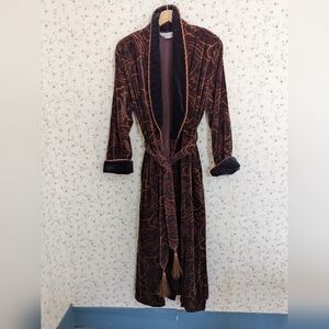 🤎 Velvet Robe L Vintage Paisley Design belt pockets smoking jacket Old Money